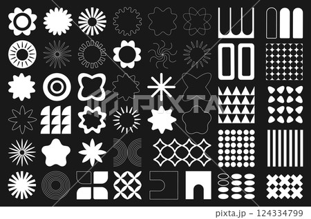 Brutalist geometric shapes mega set elements in flat graphic design. Bundle objects of simplicity symbols with flowers, suns, stars, circles, squares, grids, curves and other. Vector illustration. 124334799