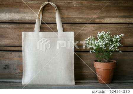elegant minimalist tote bag in cream-colored textured material, placed on a rustic wooden table with a warm brown background, soft natural light, next to a potted plant with white flowers 124334850