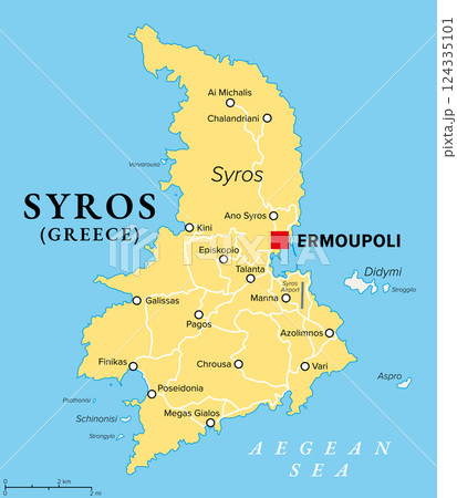 Syros, Greek island, political map. Island in the Cyclades in the Aegean Sea also called Siros or Syra. With capital and largest town Ermoupoli also known as Ermoupolis or Hermoupolis, Town of Hermes. 124335101