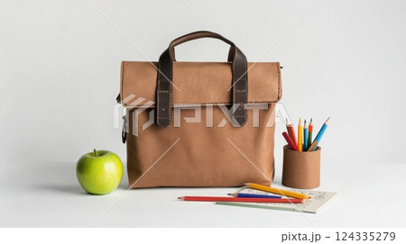 Brown school bag with colorful pencils, notebook, and green apple on desk 124335279