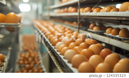 Rows of fresh brown eggs neatly placed on trays in a large commercial egg farm facility 124335323