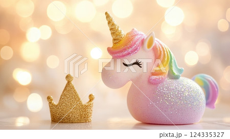 National Bath Bomb Day Colorful unicorn figurine with glitter crown on sparkling background National Bath Bomb Day Colorful unicorn figurine with glitter crown on sparkling background 124335327