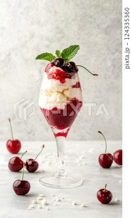 National Cherry Dessert Day Cherry parfait with fresh mint and whipped cream in a glass National Cherry Dessert Day Cherry parfait with fresh mint and whipped cream in a glass 124335360