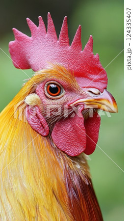 Close-up portrait of a colorful rooster with red comb and feathers in detail Close-up portrait of a colorful rooster with red comb and feathers in detail 124335407