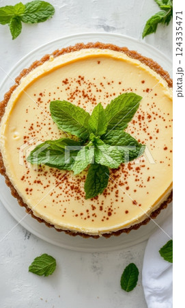 Delicious lemon tart with mint garnish on white plate National Mint Julep Day 124335471
