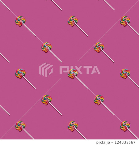 Pattern of colorful lollipops on pink background. Creative candy concept. Colorful sweet food background. Pattern of colorful lollipops on pink background. Creative candy concept. Colorful sweet food background. 124335567