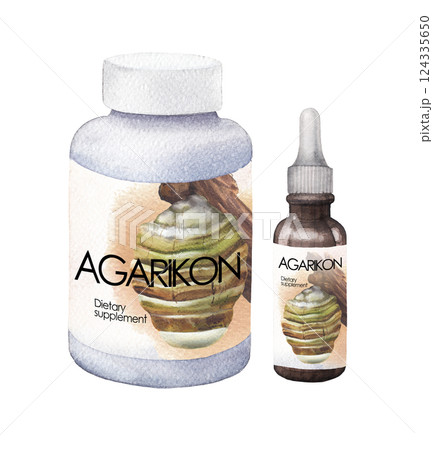 Realistic watercolor plastic and glass bottles of an Agarikon mushroom supplement and extract. Realistic watercolor plastic and glass bottles of an Agarikon mushroom supplement and extract. 124335650