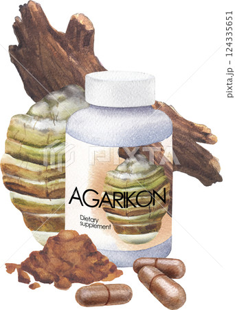 Watercolor plastic bottle of Agarikon supplement decorated with a mushroom on a log, pills and powder Watercolor plastic bottle of Agarikon supplement decorated with a mushroom on a log, pills and powder 124335651