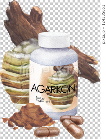 Watercolor plastic bottle of Agarikon supplement decorated with a mushroom on a log, pills and powder Watercolor plastic bottle of Agarikon supplement decorated with a mushroom on a log, pills and powder 124335651