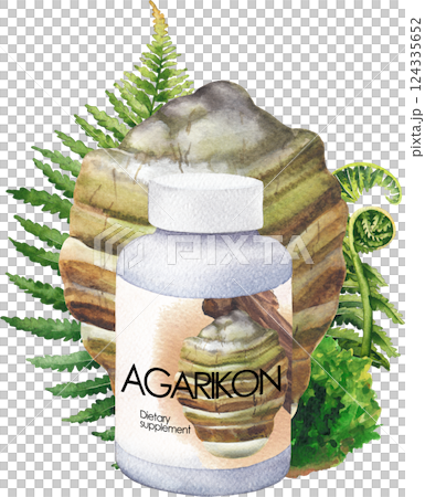 Realistic watercolor plastic bottle of an Agarikon mushroom supplement decorated with fern leaves and moss Realistic watercolor plastic bottle of an Agarikon mushroom supplement decorated with fern leaves and moss 124335652