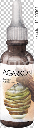 Realistic watercolor glass bottle of an Agarikon mushroom extract. 124335654