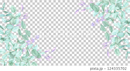 Green eucalyptus leaves with delicate purple accents create a soft watercolor frame. This botanical banner clipart is great for business cards, wedding templates, product packaging 124335702