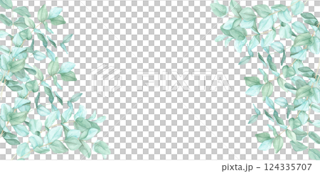 Eucalyptus branches in green shades form a delicate watercolor clipart frame. This botanical banner is ideal for invitations, branding, packaging, greeting cards, and nature-inspired digital designs Eucalyptus branches in green shades form a delicate watercolor clipart frame. This botanical banner is ideal for invitations, branding, packaging, greeting cards, and nature-inspired digital designs 124335707