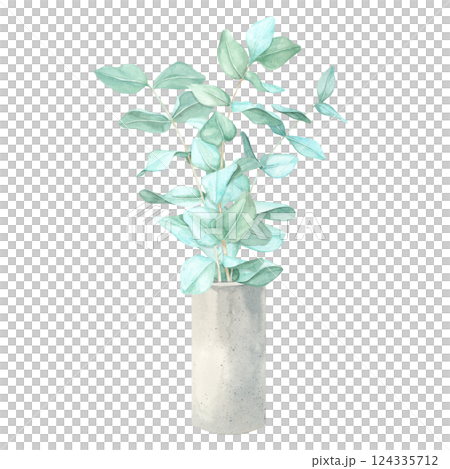 A hand-painted watercolor clipart of eucalyptus stems forming a lush bouquet in a cement vase. This natural composition is great for invitations, logo design, digital planners, and home decor. A hand-painted watercolor clipart of eucalyptus stems forming a lush bouquet in a cement vase. This natural composition is great for invitations, logo design, digital planners, and home decor. 124335712