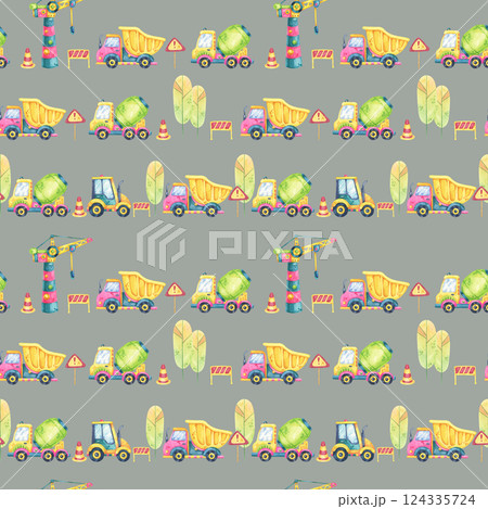 Green cement mixers and yellow dump trucks with trees and traffic barriers on a muted green background. This watercolor seamless pattern works well for gift wraps, fabric, and kids room decor. Green cement mixers and yellow dump trucks with trees and traffic barriers on a muted green background. This watercolor seamless pattern works well for gift wraps, fabric, and kids room decor. 124335724