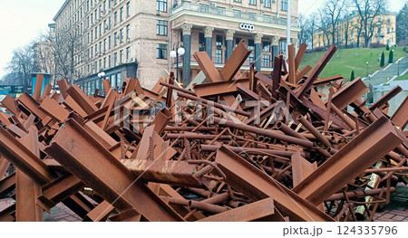Kyiv, Ukraine March 15, 2024: A huge number of anti-tank barrier hedgehogs on the main street in Kyiv Kyiv, Ukraine March 15, 2024: A huge number of anti-tank barrier hedgehogs on the main street in Kyiv 124335796