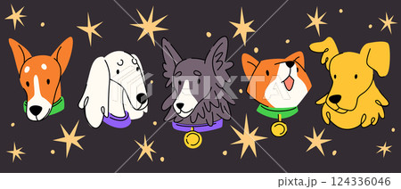 Retro style cute dog portrait doodle set 124336046