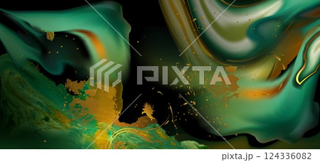 Green liquid marble texture with gold splatters 124336082