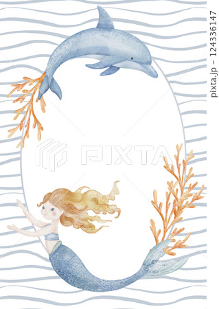 Watercolor Template with Mermaid, dolphin, and coral. Illustration of round Frame for childish invitations, greeting cards, or a baby background. Ocean Border for marine designs or nursery posters. 124336147