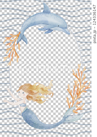 Watercolor Template with Mermaid, dolphin, and coral. Illustration of round Frame for childish invitations, greeting cards, or a baby background. Ocean Border for marine designs or nursery posters. 124336147
