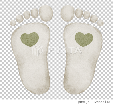 Watercolor illustration of Baby Footprints with heart. Drawing of little imprints of steps in pastel colors for baby shower invitations or newborn party greeting cards. Art for nursery poster. 124336148
