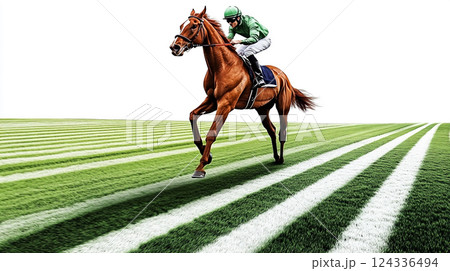 芝生を駆ける馬とジョッキー 124336494