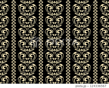 Wallpaper in the style of Baroque. Golden and black floral ornament. Seamless vector background. Graphic pattern for fabric, wallpaper, packaging. Ornate Damask flower illustration 124336567