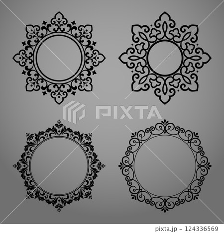 Set of decorative frames Elegant vector element for design in Eastern style, place for text. Floral black and gray borders. Lace illustration for invitations and greeting cards Set of decorative frames Elegant vector element for design in Eastern style, place for text. Floral black and gray borders. Lace illustration for invitations and greeting cards 124336569