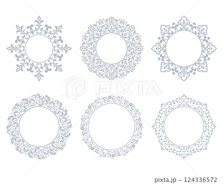 Set of decorative frames Elegant vector element for design in Eastern style, place for text. Floral gray and white borders. Lace illustration for invitations and greeting cards 124336572