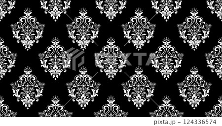 Wallpaper in the style of Baroque. White and black floral ornament. Seamless vector background. Graphic pattern for fabric, wallpaper, packaging. Ornate Damask flower illustration. Wallpaper in the style of Baroque. White and black floral ornament. Seamless vector background. Graphic pattern for fabric, wallpaper, packaging. Ornate Damask flower illustration. 124336574
