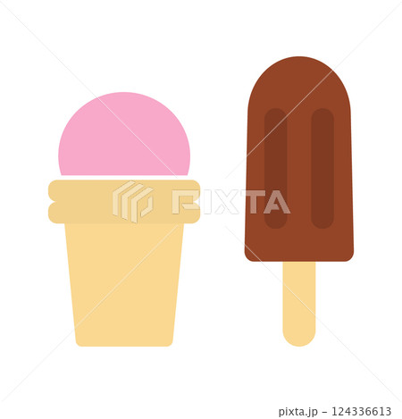 Strawberry Ice Cream Cone and Chocolate Popsicle Classic frozen treats Sticker Icon Logo element Set 124336613