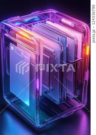 Futuristic digital file cabinet with glowing neon lights and transparent design 124336798