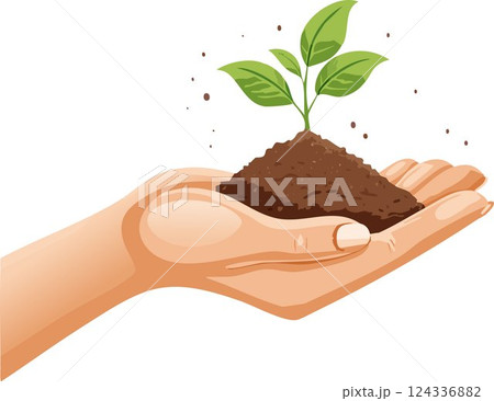 Hand holding soil in for planting. Environmental growth, save planet friendly. 124336882