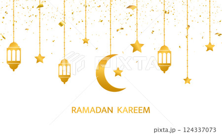 Ramadan Kareem traditional garland. Arabic eastern lanterns hanging baubles. Muslim ornament. Eid Mubarak banner. Holiday Night. Golden crescent, star. Islam decoration. Vector illustration Ramadan Kareem traditional garland. Arabic eastern lanterns hanging baubles. Muslim ornament. Eid Mubarak banner. Holiday Night. Golden crescent, star. Islam decoration. Vector illustration 124337073