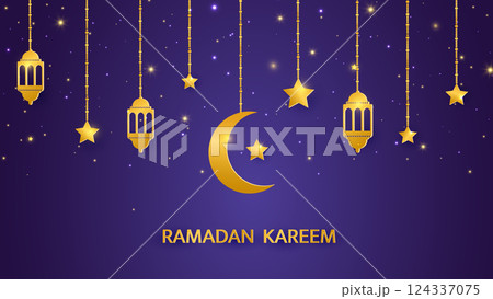 Ramadan Kareem traditional garland. Arabic eastern lanterns hanging baubles. Muslim ornament. Eid Mubarak banner. Holiday Night. Golden crescent, star. Islam decoration. Vector illustration 124337075