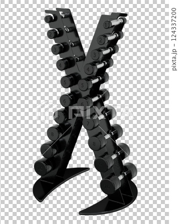 Gym Dumbbell rack in X shape, a stand for weightlifting gym equipment with different size and weight dumbbells. Png clipart isolated on transparent background 124337200