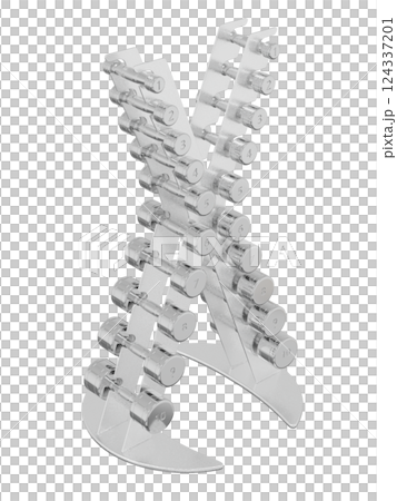 Gym Dumbbell rack in X shape, a stand for weightlifting gym equipment with different size and weight dumbbells. Png clipart isolated on transparent background 124337201