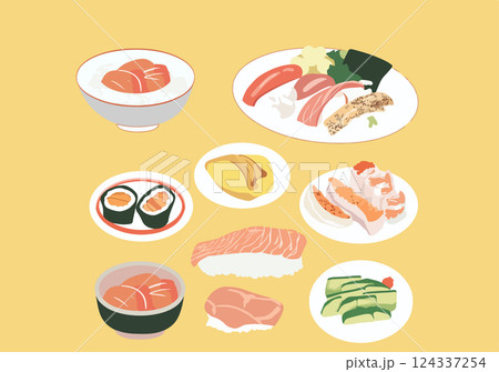 Vector illustration of various Japanese dishes including sushi, donburi, tamago, and rolls, displayed on a yellow background. Vector illustration of various Japanese dishes including sushi, donburi, tamago, and rolls, displayed on a yellow background. 124337254