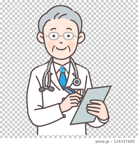 カルテを書くシニア男性医師の上半身イラスト カルテを書くシニア男性医師の上半身イラスト 124337889
