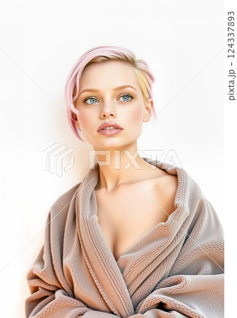 バスローブを着た若い女性　ピンク色の髪の毛 124337893