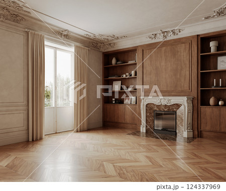 Classic empty beige interior with brown wood cabinet, shelves, fireplace, parquet floor, moldings and decor. 3d render illustration mockup. 124337969