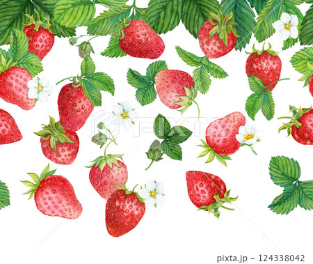 Seamless border with falling ripe strawberries, flowers and green leaves in the background. Watercolor illustration for advertising juice, desserts, pastries. Seamless border with falling ripe strawberries, flowers and green leaves in the background. Watercolor illustration for advertising juice, desserts, pastries. 124338042