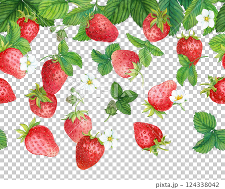 Seamless border with falling ripe strawberries, flowers and green leaves in the background. Watercolor illustration for advertising juice, desserts, pastries. Seamless border with falling ripe strawberries, flowers and green leaves in the background. Watercolor illustration for advertising juice, desserts, pastries. 124338042