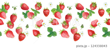 Seamless border with falling ripe strawberries, flowers and green leaves in the background. Watercolor illustration for advertising juice, desserts, pastries. 124338043