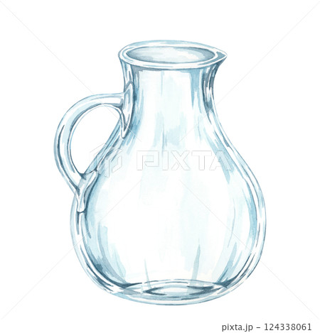 Transparent glass pitcher. Jug watercolor clipart suitable for kitchen-themed designs, branding for drinkware, or food-related content. Perfect for decorating menus, blogs, or social media posts Transparent glass pitcher. Jug watercolor clipart suitable for kitchen-themed designs, branding for drinkware, or food-related content. Perfect for decorating menus, blogs, or social media posts 124338061