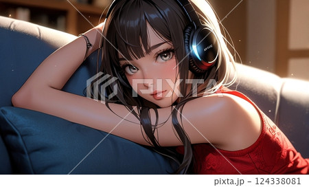 ホテルのソファで音楽を聴く美女のイラスト 124338081