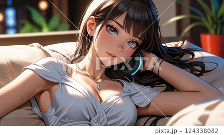 ホテルのソファで音楽を聴く美女のイラスト 124338082