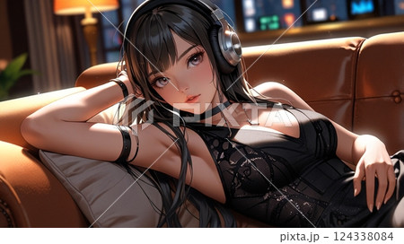 ホテルのソファで音楽を聴く美女のイラスト 124338084