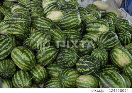 watermelons are placed in Siyob Bazaar also called Siab Bazaar, is the largest bazaar in Samarkand	 124338094