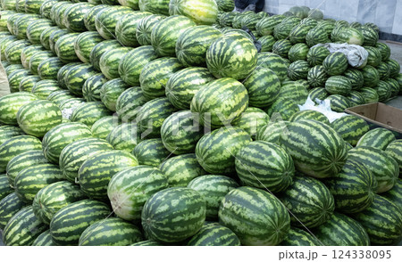 watermelons are placed in Siyob Bazaar also called Siab Bazaar, is the largest bazaar in Samarkand	 124338095